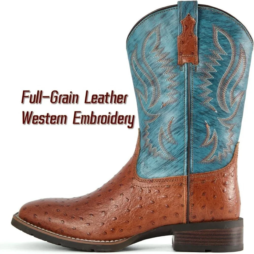 Men‘s Brandy Leather Cowboy Ostrich Patter Square Toe Embroidery Western Boots